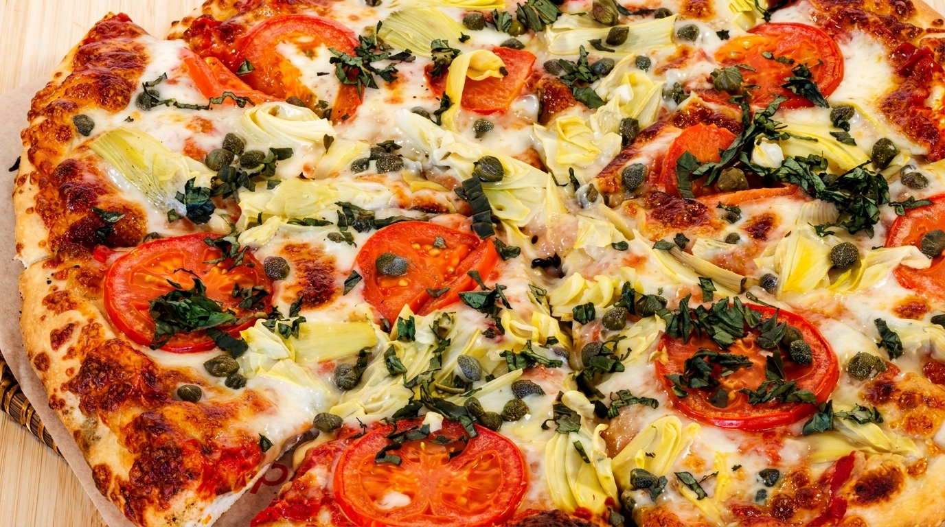 Close-up of a pizza topped with sliced tomatoes, artichoke hearts, capers, and fresh basil.
