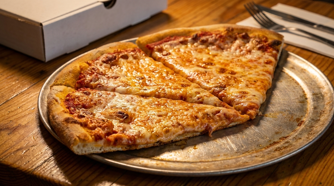 Three slices of cheese pizza on a metal pan, with a pizza box and cutlery in the background.