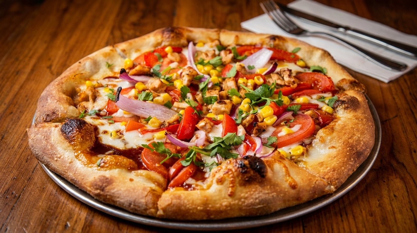 A BBQ chicken pizza with tomatoes, corn, red onion, and cilantro on a wooden table.
