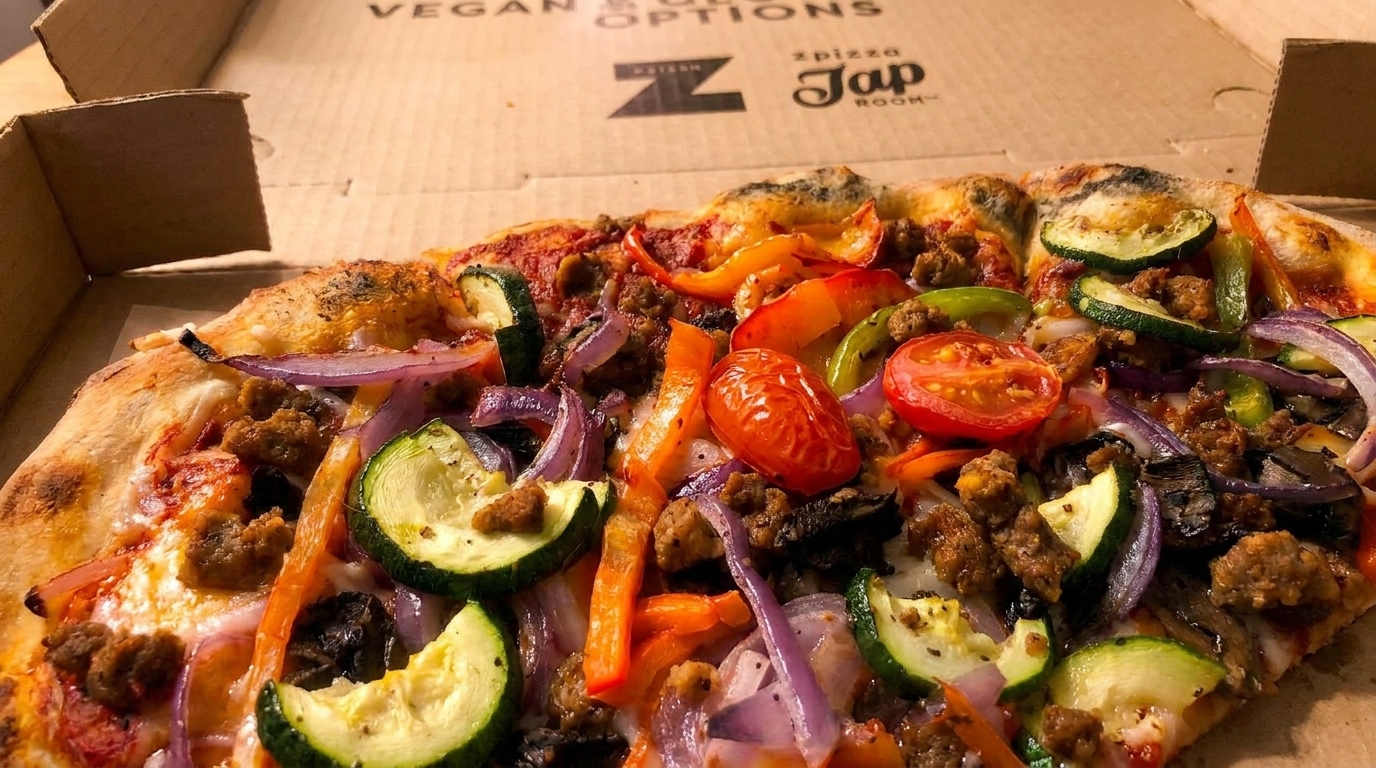 A Zpizza pizza with vegan sausage, zucchini, bell peppers, onions, and tomatoes in a box.