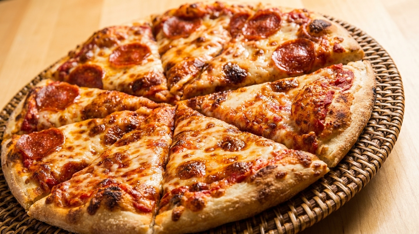 A freshly baked pepperoni pizza, sliced into eight pieces, rests on a woven tray.