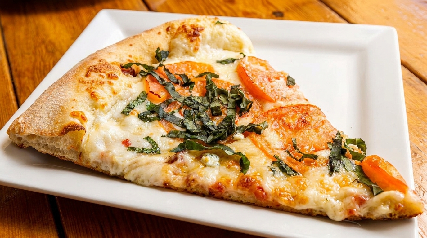 A single slice of pizza with melted cheese, tomato slices, and fresh basil on a white plate.