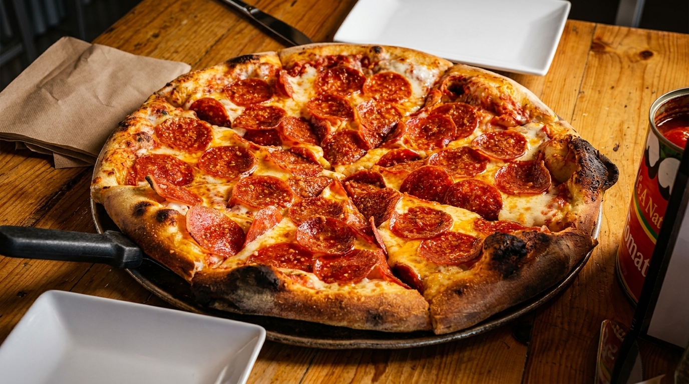 A whole pepperoni pizza with a crispy crust on a wooden table with plates and a tomato can.