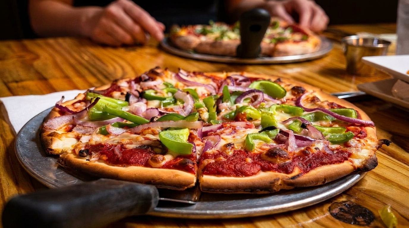 Two pizzas on wooden tables, one with green peppers and red onions, the other in the background.