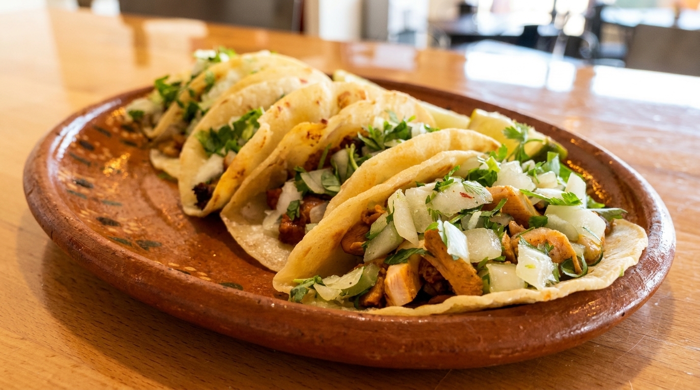 A row of five chicken tacos with diced onions and cilantro on a rustic brown plate.