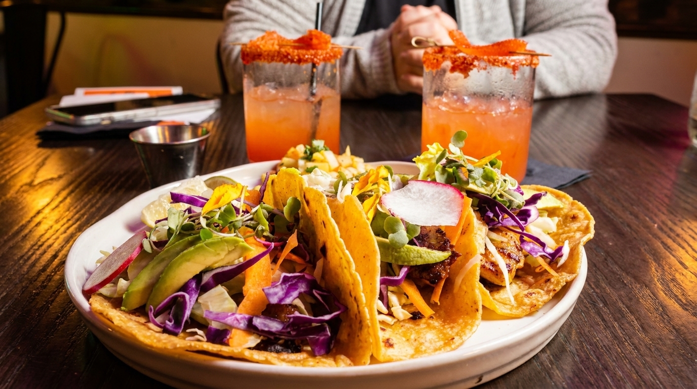 Three vibrant tacos with colorful toppings and two cocktails on a dark wooden table.