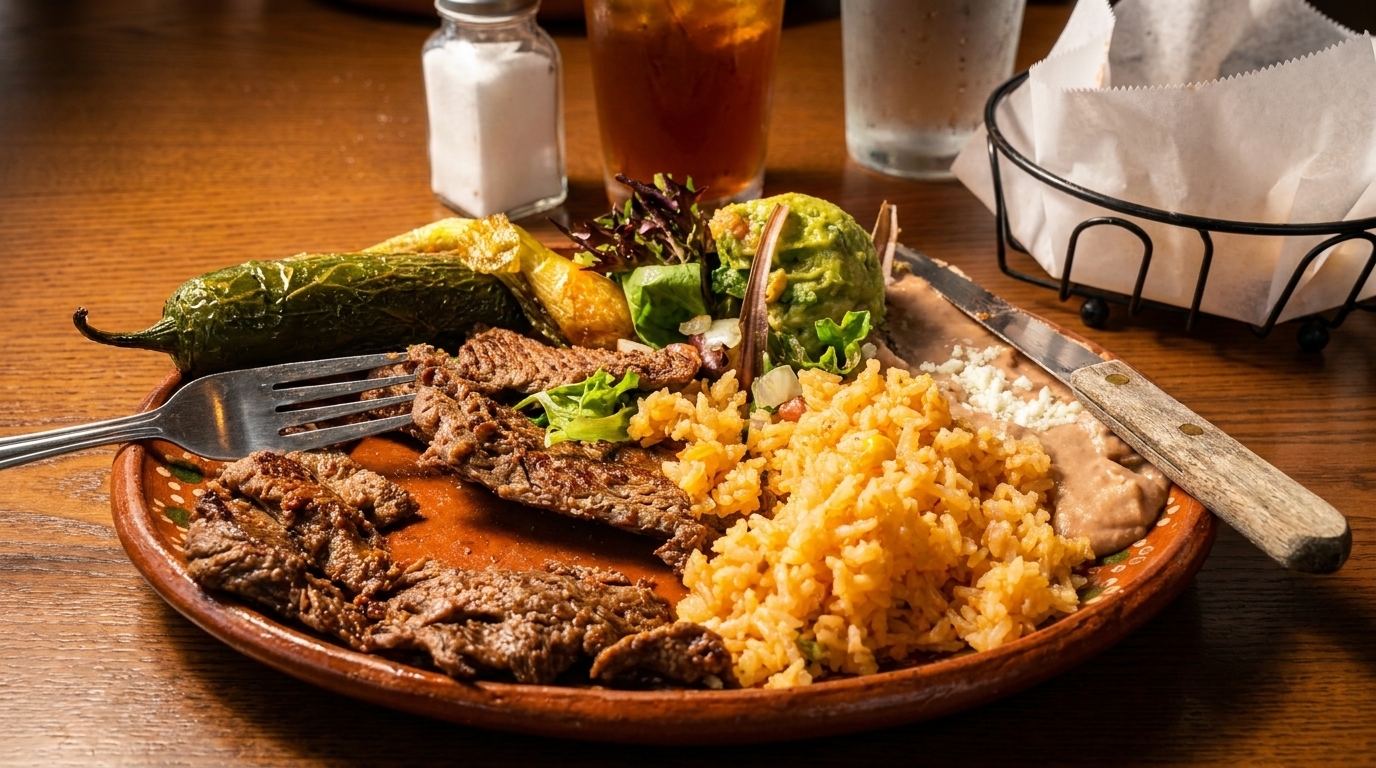 A Mexican dish with grilled steak, rice, refried beans, guacamole, and a roasted jalapeño.