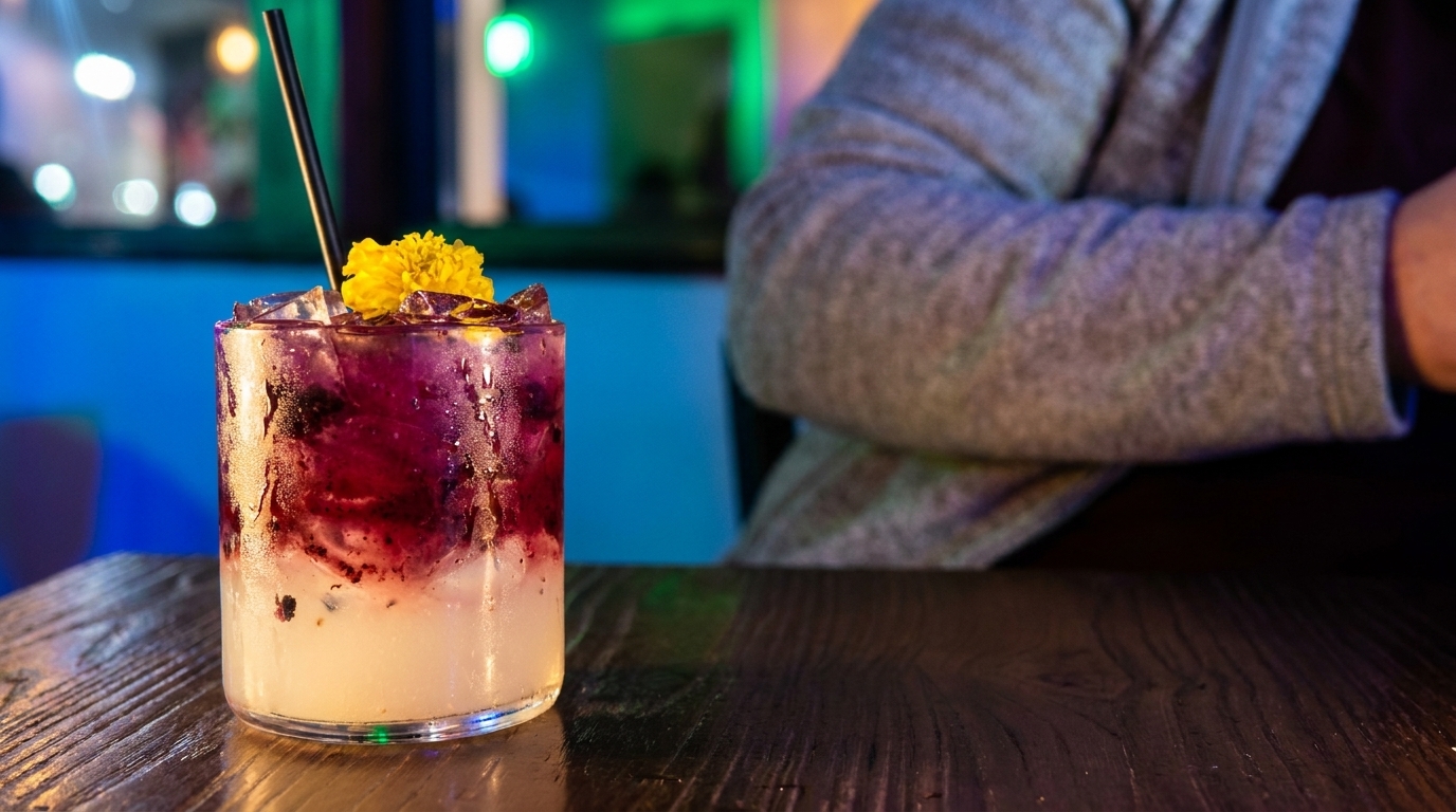 Purple and white layered cocktail with ice, a black straw, and yellow flower garnish on a dark table.