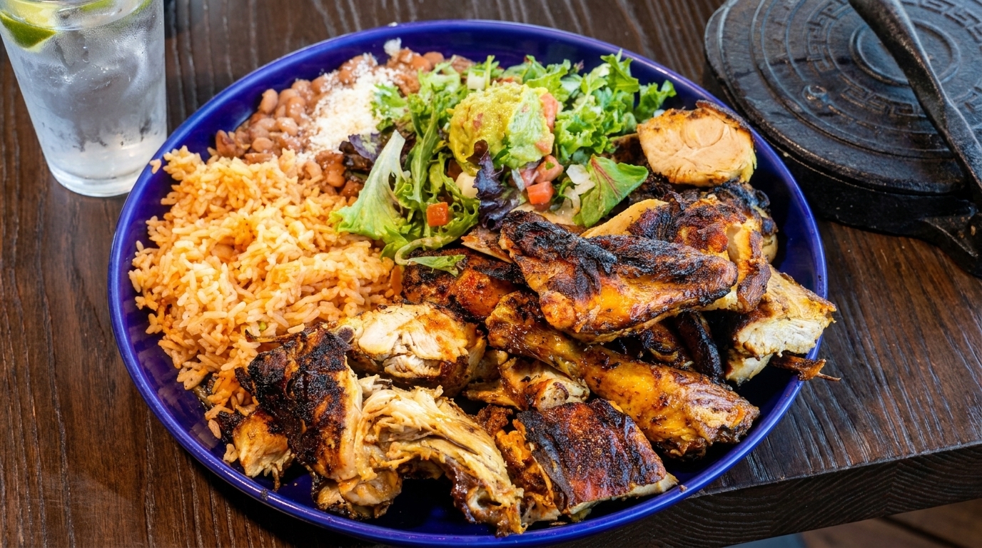 Grilled chicken with rice, beans, salad, and guacamole on a blue plate with a drink.