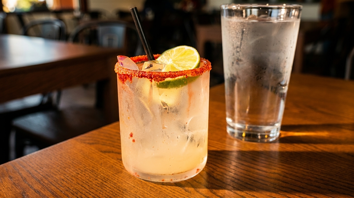 Chilled margarita with a chili-lime rim, lime wedge, and black straw next to a glass of water.
