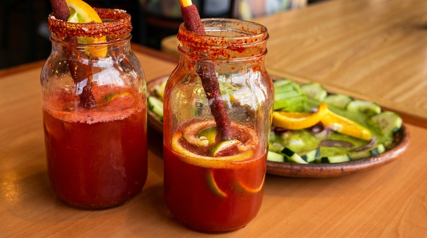 Two red drinks in mason jars with fruit slices and chili-rimmed tops on a wooden table.