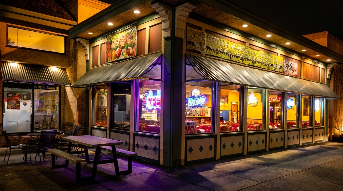 Exterior of a brightly lit restaurant at night with outdoor seating and neon signs.