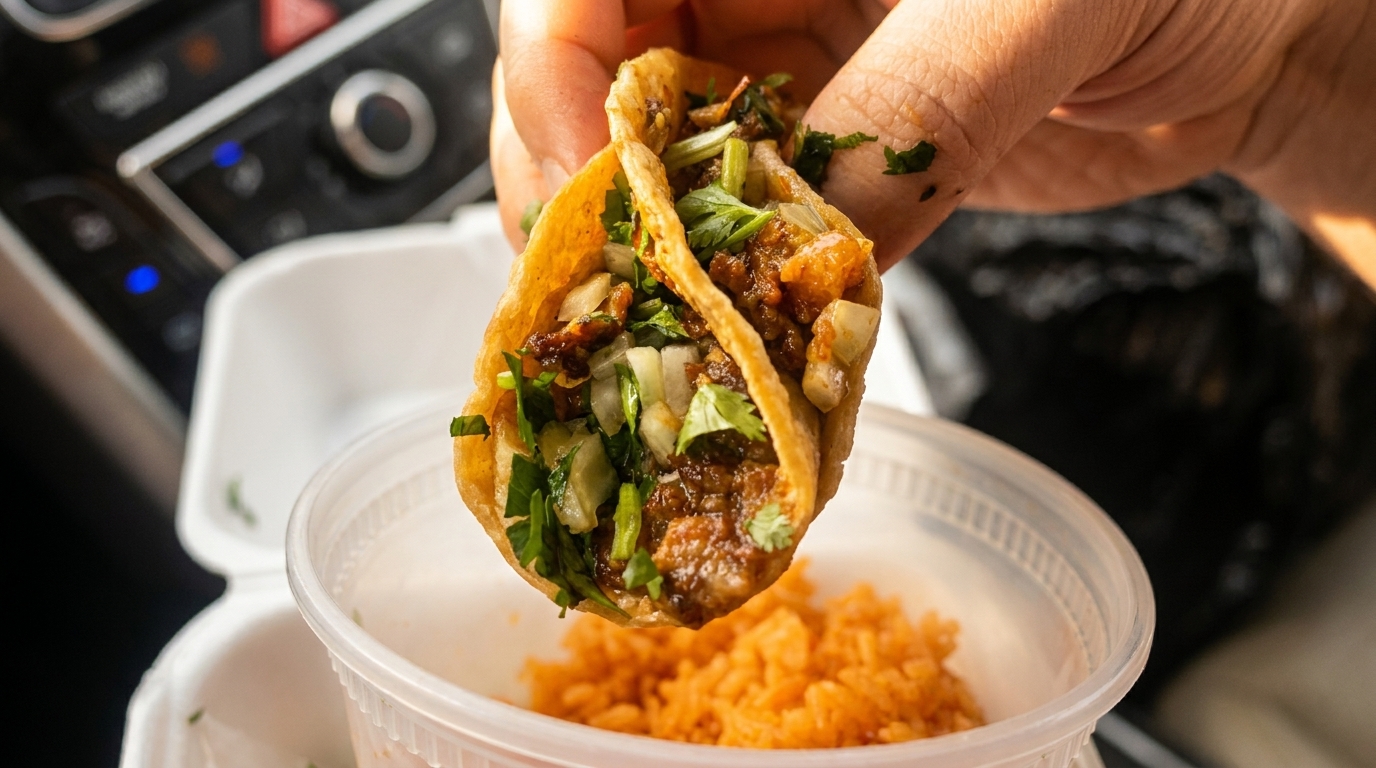 Hand holding a taco filled with meat, onions, and cilantro over a container of orange rice.