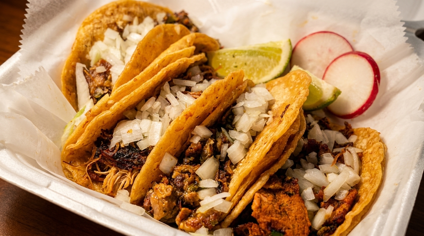 A white takeout container holds several tacos topped with diced onions, with lime and radish slices.