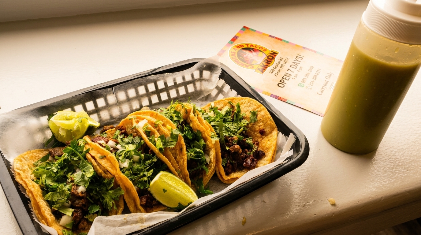 Four Carnitas and Tacos Akron tacos with lime and green sauce on a white counter.