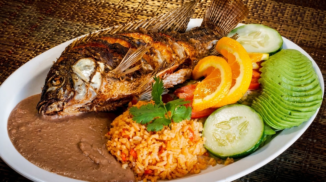 Whole fried fish with rice, refried beans, sliced avocado, cucumber, and orange on a white plate.