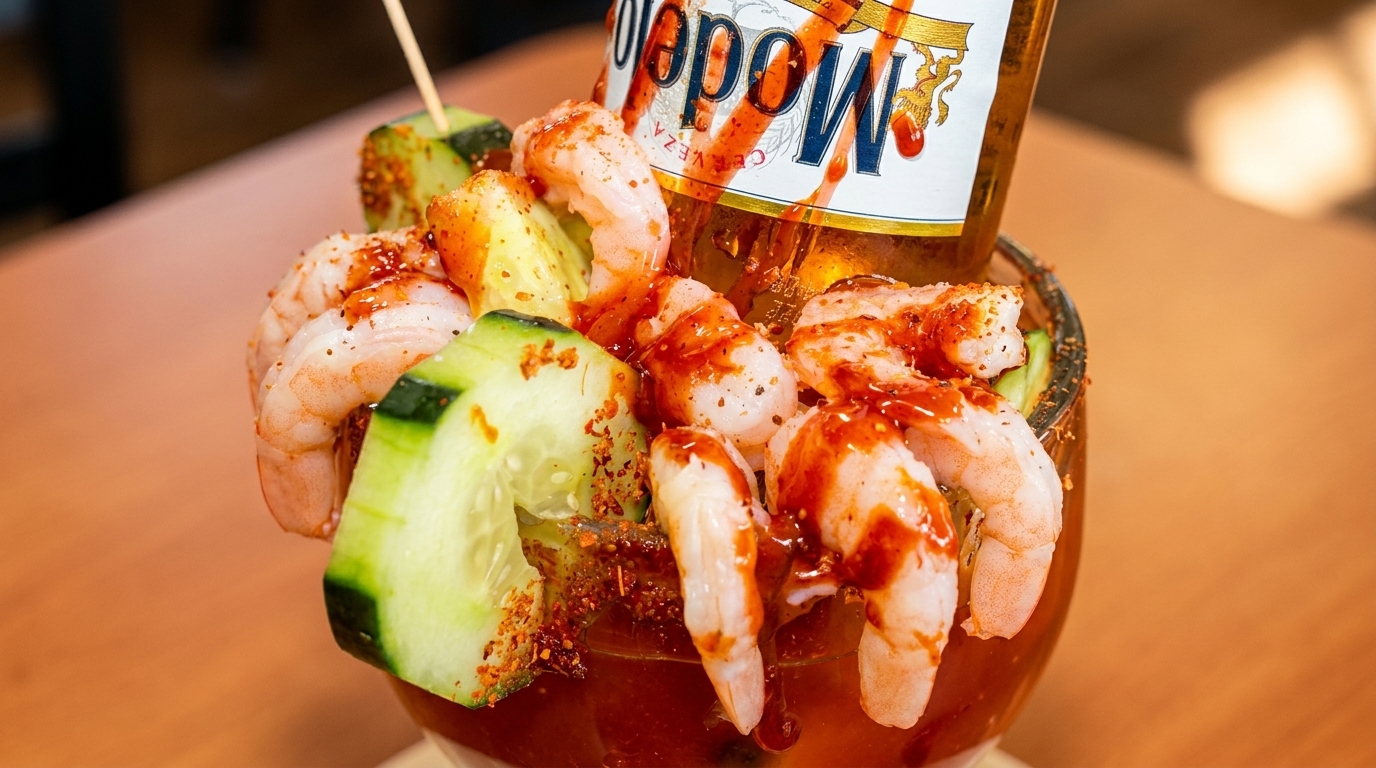 A Michelada with shrimp, cucumber, and a Modelo beer bottle, garnished with chili powder.