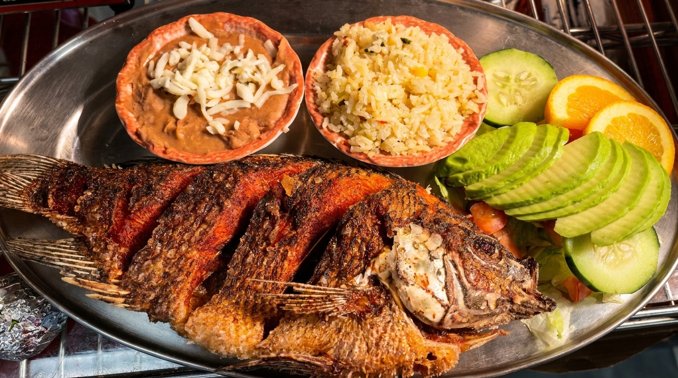 Whole fried fish served with rice, refried beans, avocado, cucumber, and orange slices on a metal tray.