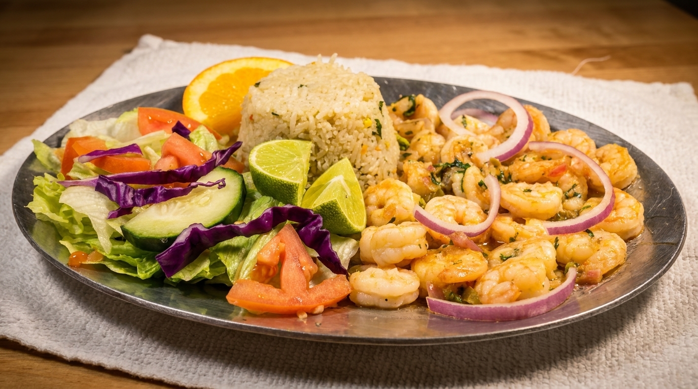 Shrimp dish with rice, salad, lime wedges, and orange slice on a metal plate.