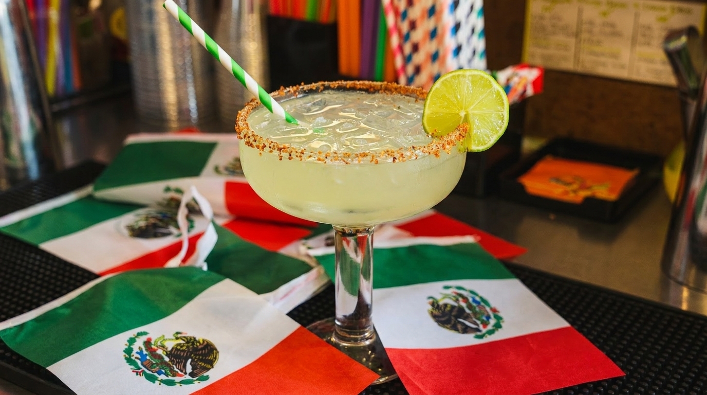 Margarita with a lime wedge and striped straw, surrounded by small Mexican flags on a bar.