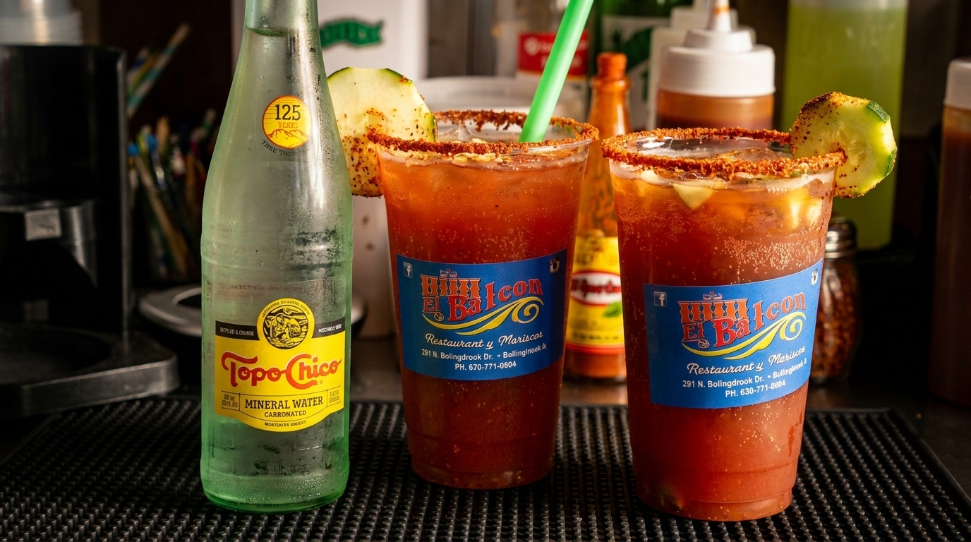 Two El Balcon micheladas with cucumber slices and a bottle of Topo Chico on a bar mat.
