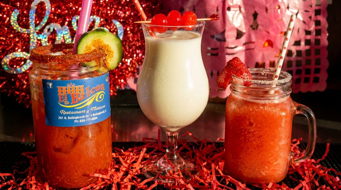 Three colorful drinks: a red michelada, a white pina colada, and a strawberry margarita.