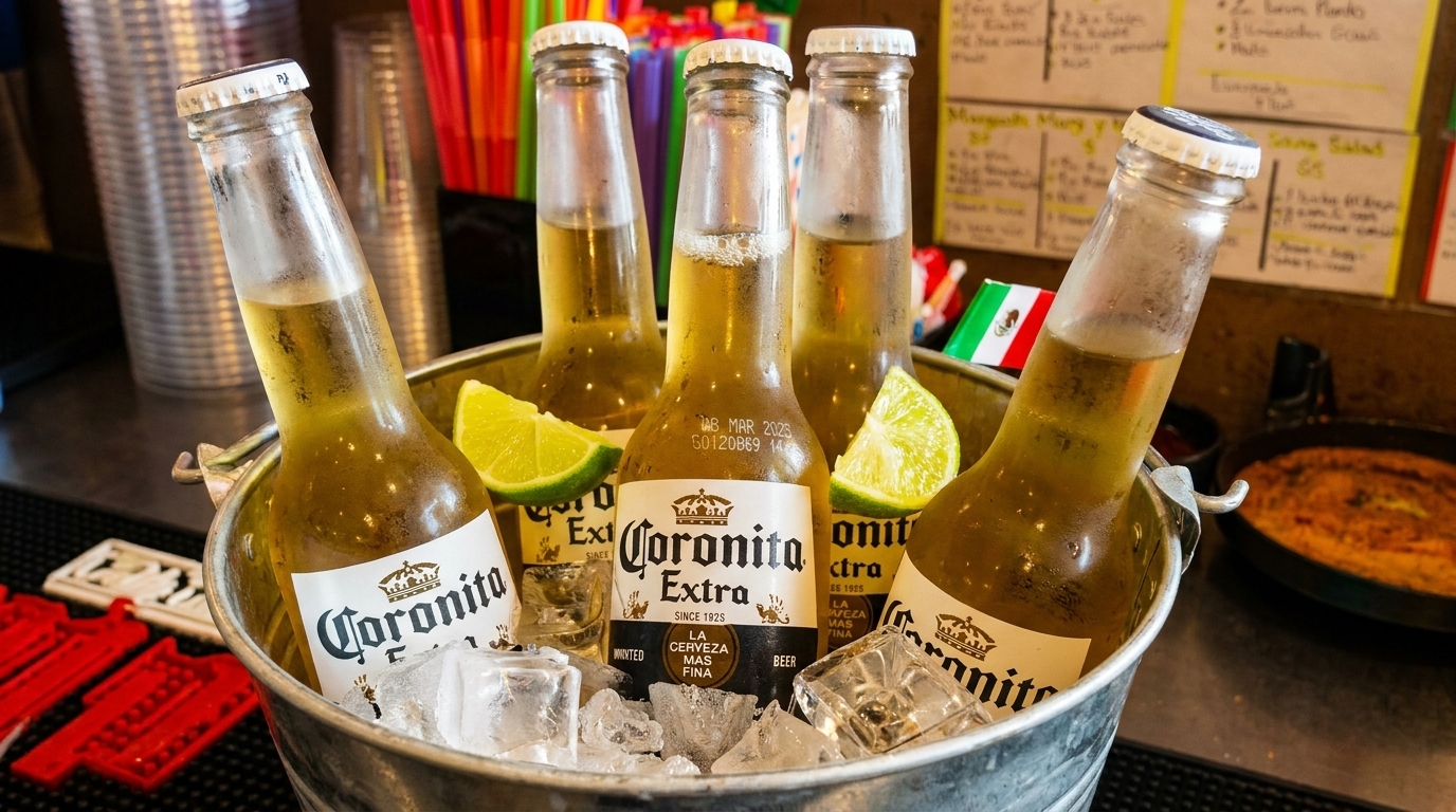 Five Coronita Extra beer bottles with lime wedges in a metal bucket of ice.