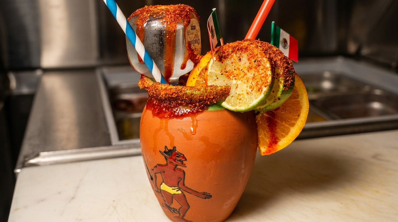 A vibrant michelada in a clay mug with a devil drawing, garnished with lime, orange, and a mini tequila bottle.