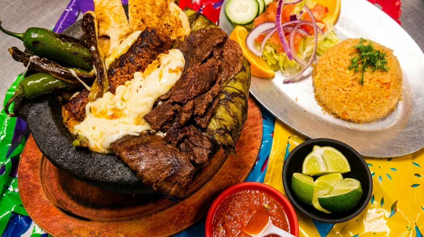 Molcajete with grilled meat, cheese, peppers, rice, salad, salsa, and limes on a colorful mat.