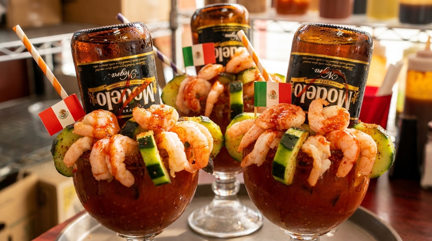 Two Modelo Negra micheladas with shrimp, cucumber, and Mexican flags.