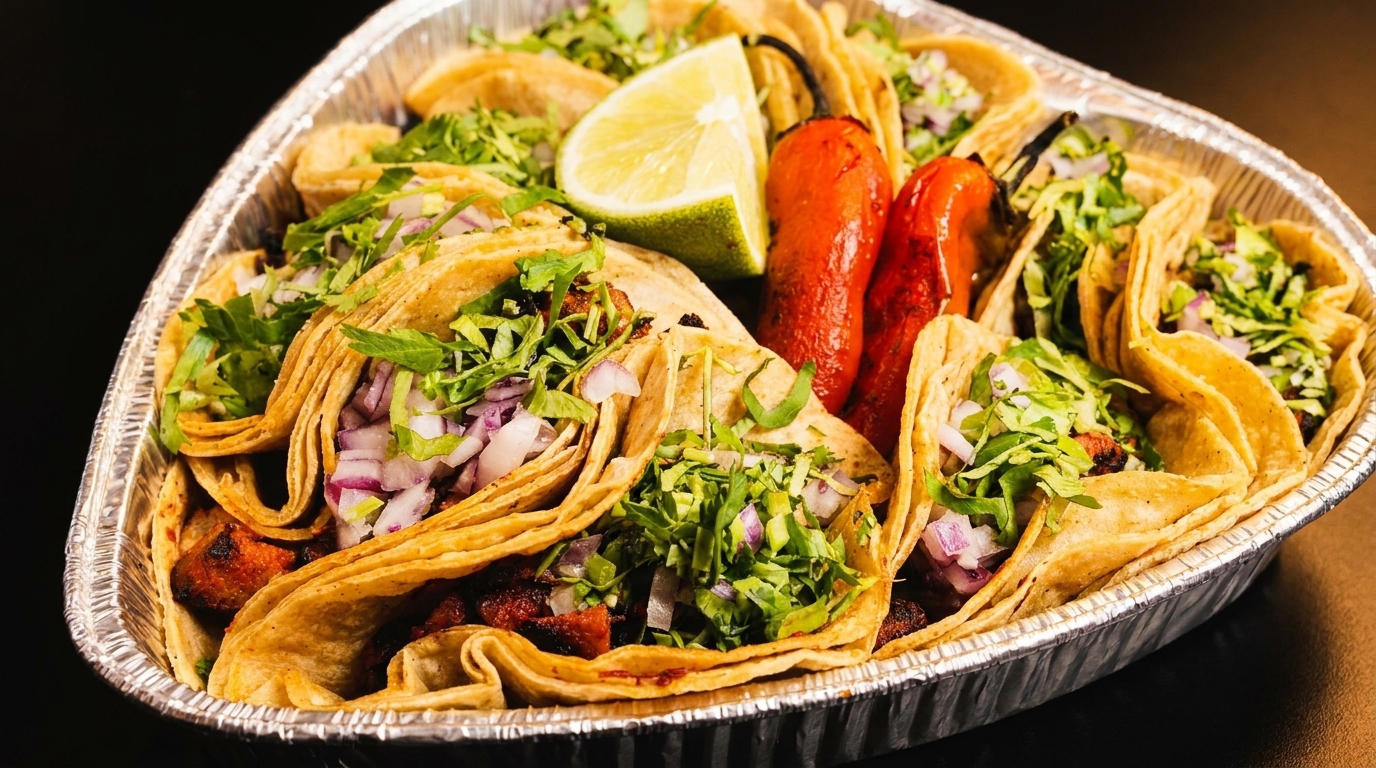 A foil container filled with tacos, topped with cilantro, red onion, lime, and roasted peppers.