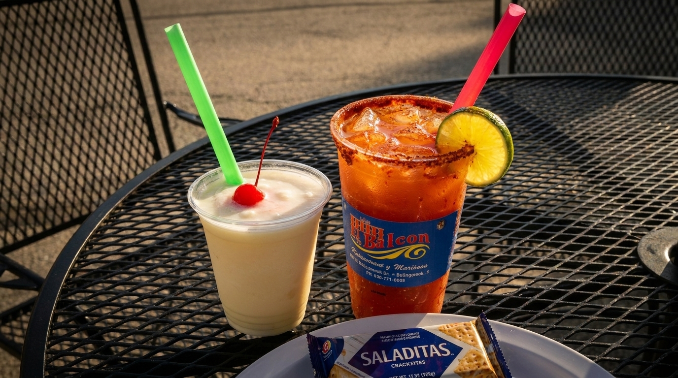 Two drinks, one creamy with a cherry and one red with a lime, on a black patio table.
