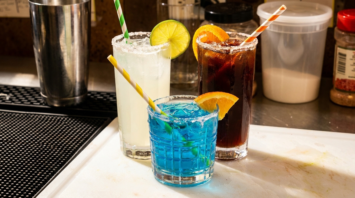 Three colorful cocktails with garnishes and striped straws on a bar counter.