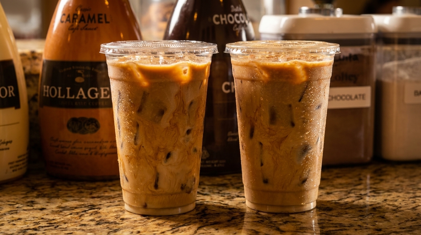 Two iced coffees in clear plastic cups on a speckled counter with syrup bottles in the background.