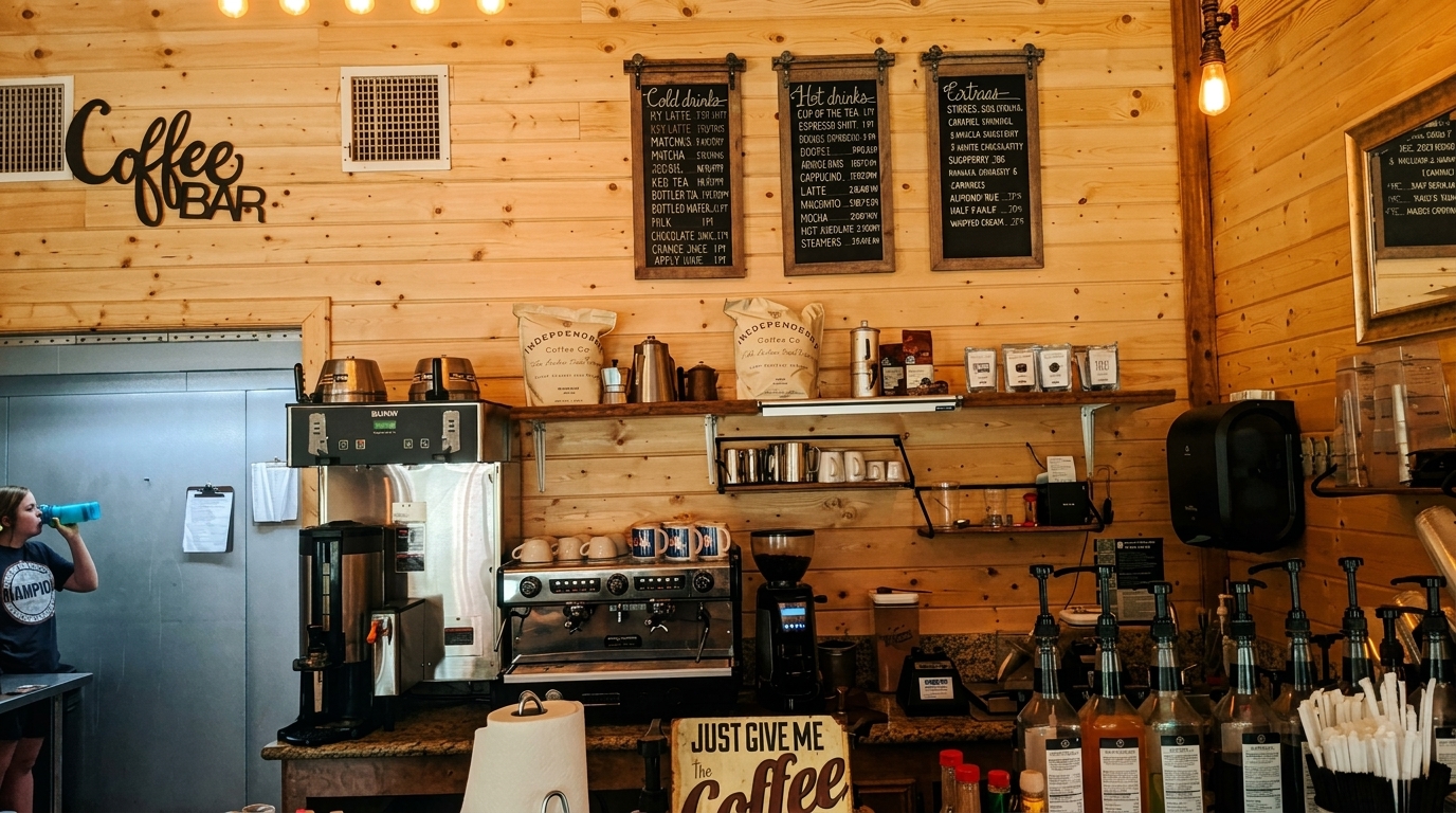 A rustic coffee bar with wooden walls, menus, coffee machines, and a person drinking.