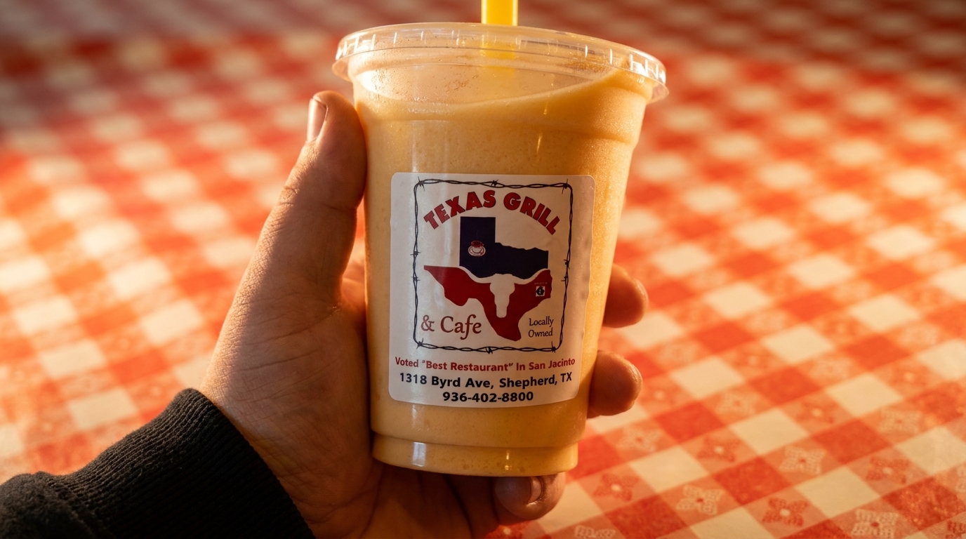 Hand holding a Texas Grill & Cafe smoothie over a red and white checkered tablecloth.