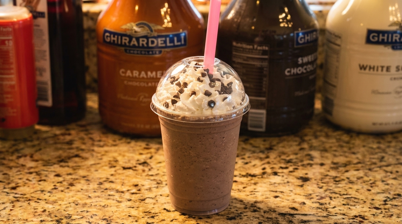 Chocolate milkshake with whipped cream and chocolate chips, with Ghirardelli sauces in the background.