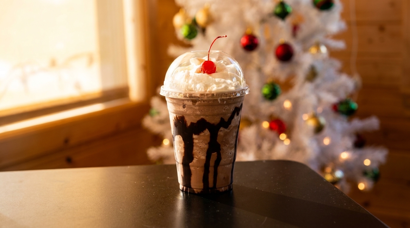 Chocolate milkshake with whipped cream and a cherry, in front of a white Christmas tree.