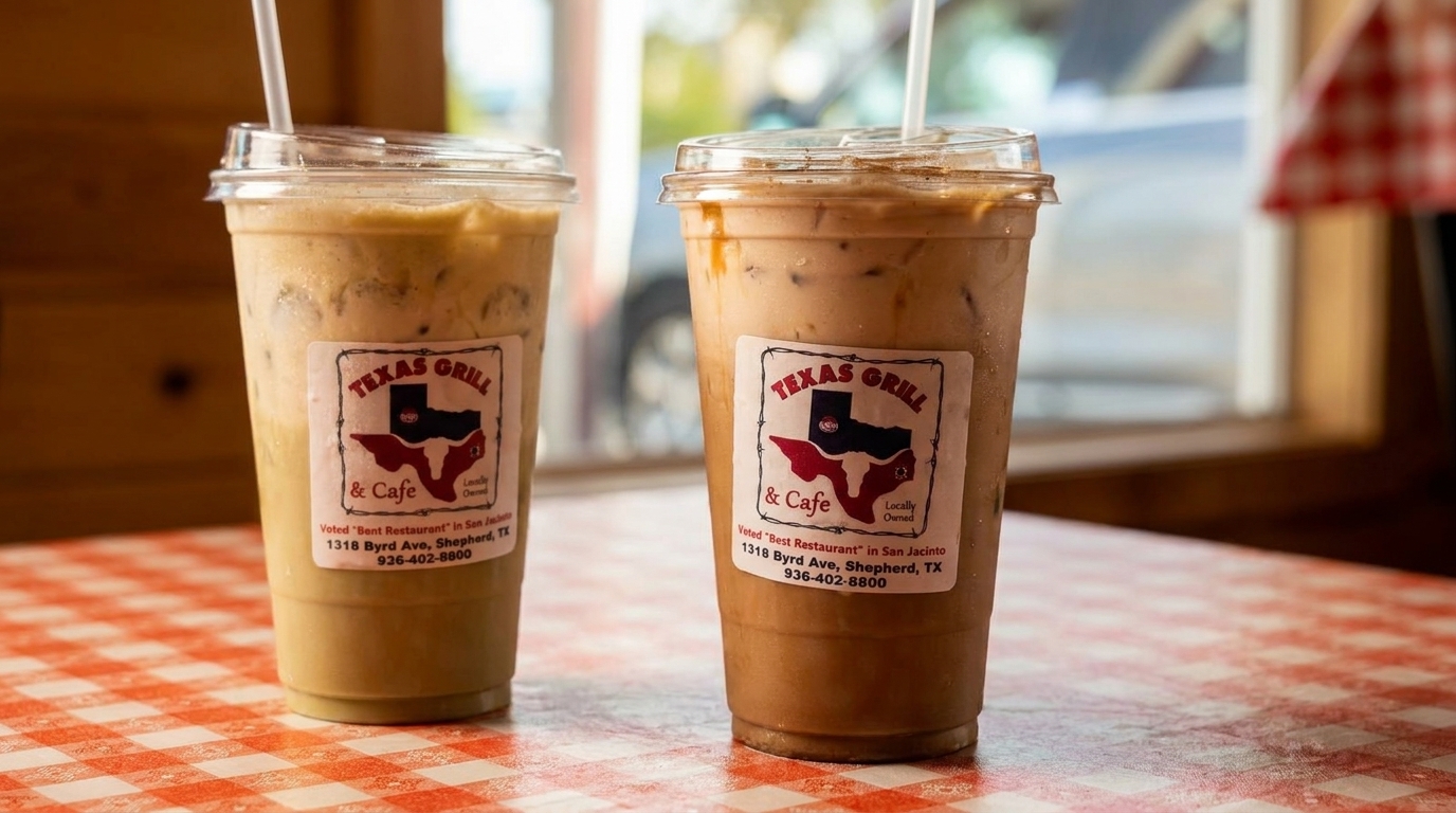 Two iced coffees from Texas Grill & Cafe on a red and white checkered tablecloth.