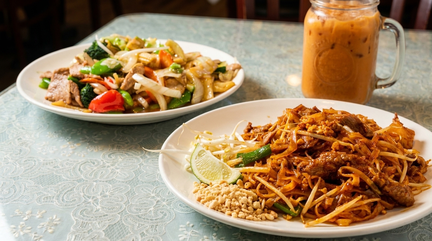 Two plates of Thai food, one with Pad See Ew and the other with stir-fried vegetables and meat, plus a Thai iced tea.
