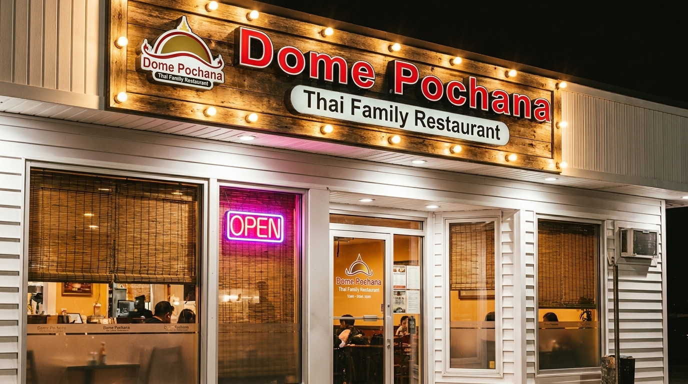 Exterior of Dome Pochana Thai Family Restaurant at night, with a bright "OPEN" sign.