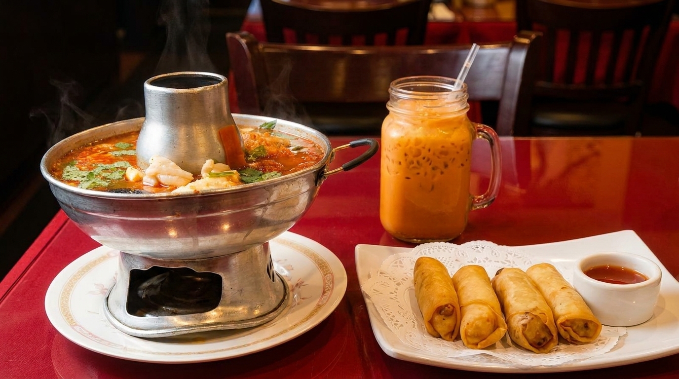 Steaming hot pot with soup, a glass of Thai iced tea, and spring rolls with dipping sauce.