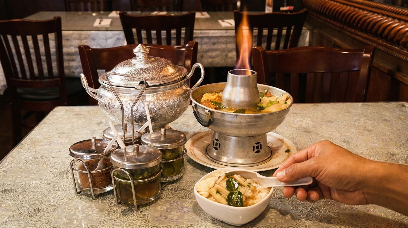 A hand serves rice from a bowl next to a flaming hot pot and ornate silver tureen.