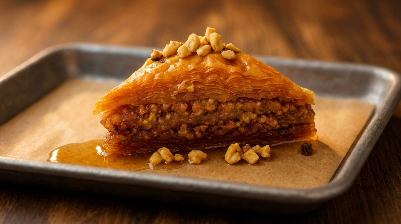 A triangular piece of baklava, drizzled with honey and topped with nuts, on a metal tray.