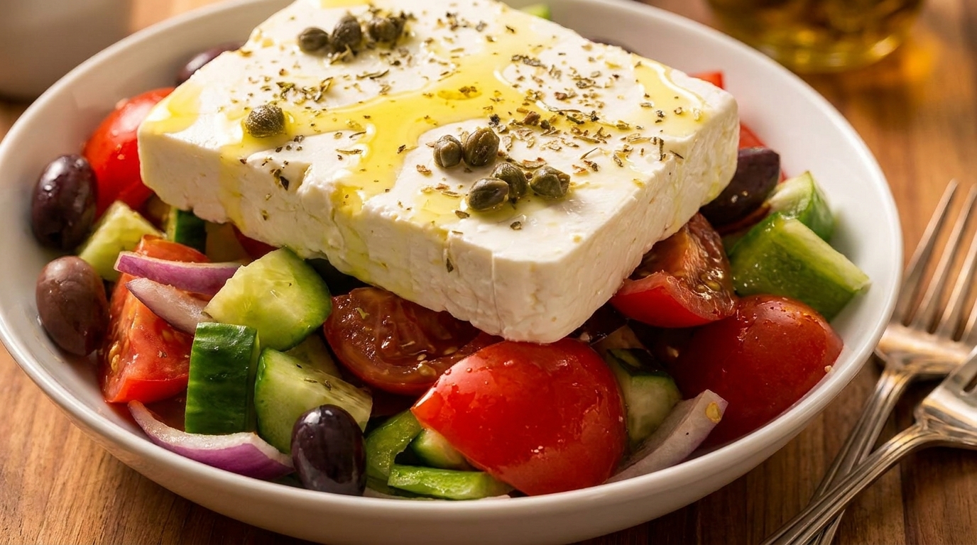A vibrant Greek salad with a large block of feta cheese, tomatoes, cucumbers, olives, and capers.