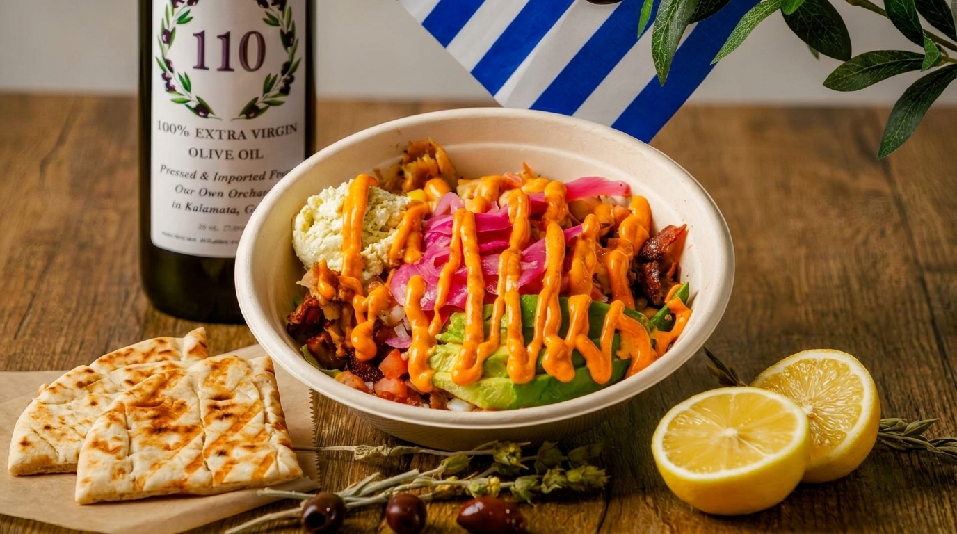 Greek grain bowl with pita, olive oil, and lemons on a wooden table.
