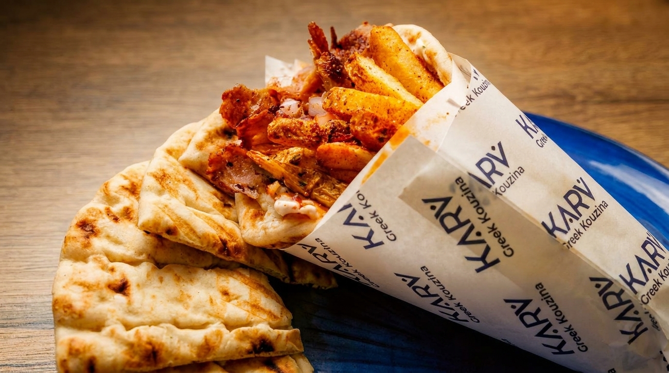 A Karv Greek Kouzina gyro with meat, fries, and sauce, wrapped in branded paper, on a blue plate.
