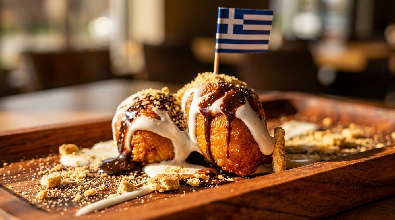 Two golden-brown Greek donuts (loukoumades) with chocolate, white sauce, and crushed nuts on a wooden tray.