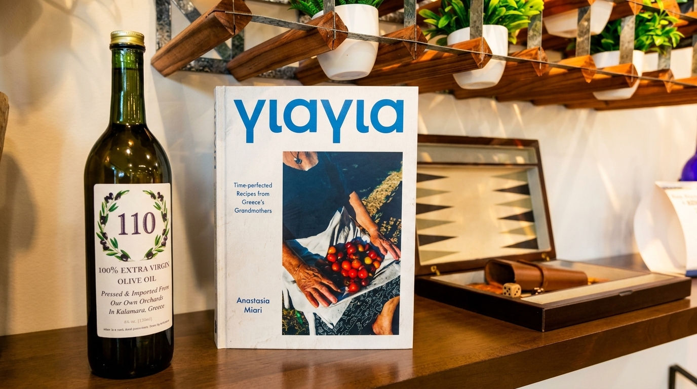 A bottle of olive oil and a Greek cookbook titled "γιαγια" sit on a wooden shelf.