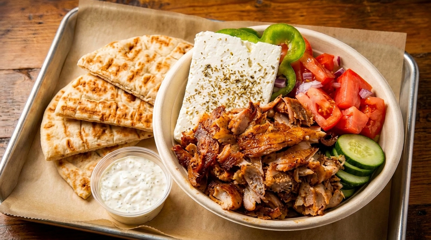 A Greek gyro bowl with chicken, feta, vegetables, pita bread, and tzatziki sauce.